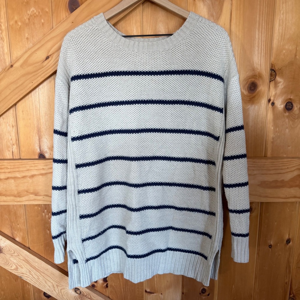 Ana Striped Sweater Cream Blue Seed Stitch Pullover Coastal Hamptons Women Large